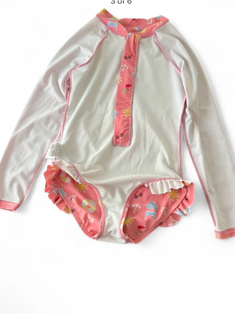 Seafolly Pink Girls' Long-Sleeve One-Piece Rashguard with Beach Print